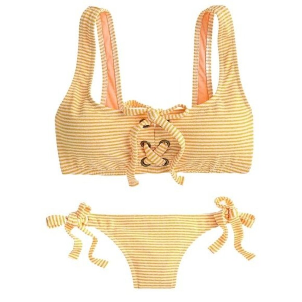 J. Crew Bikini Lace Up Side Tie Lowrider Bikini in Faded Stripe Size XL NWT